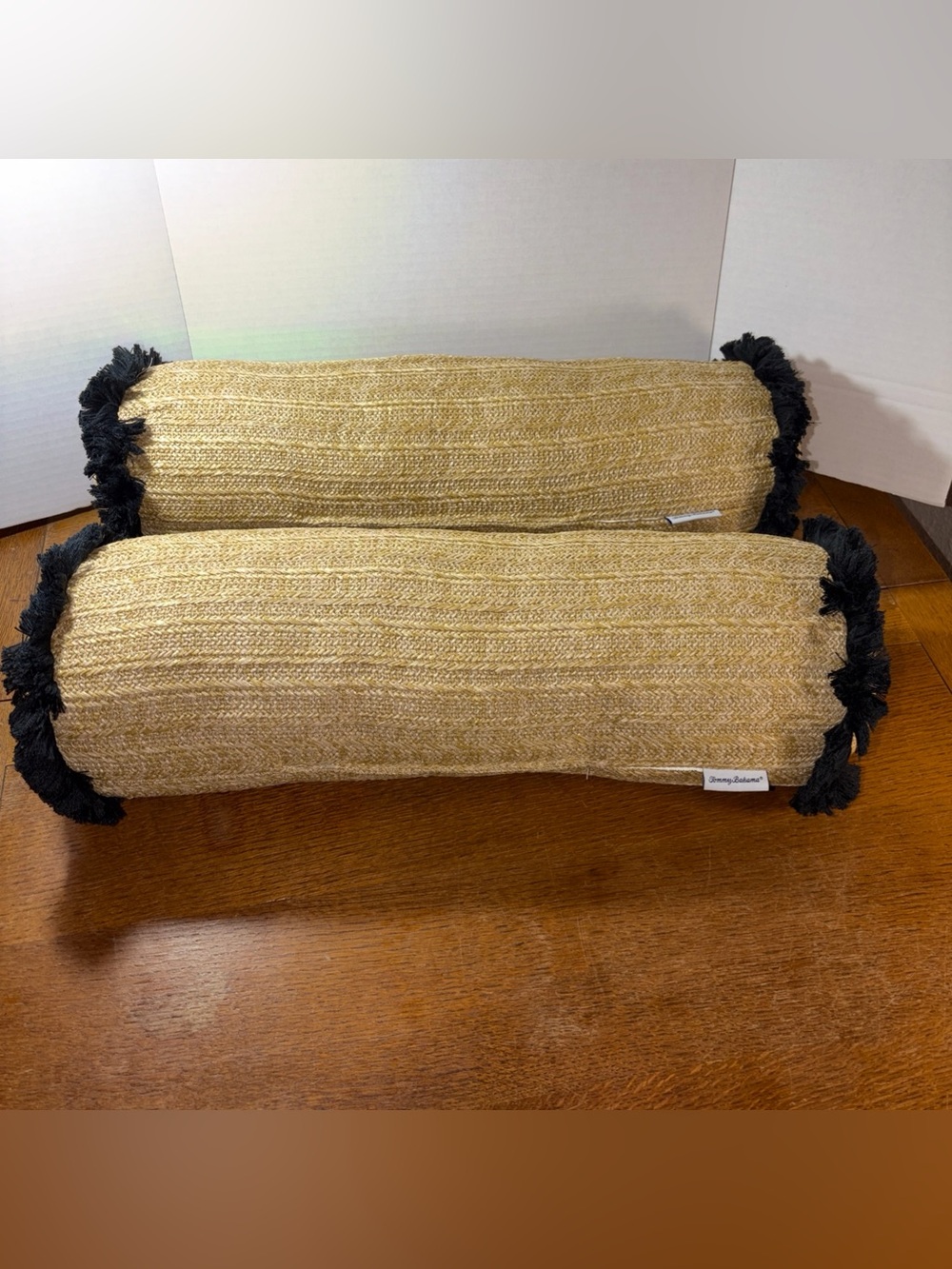 Tommy Bahama Natural Woven Bolster Pillows with Black Fringe